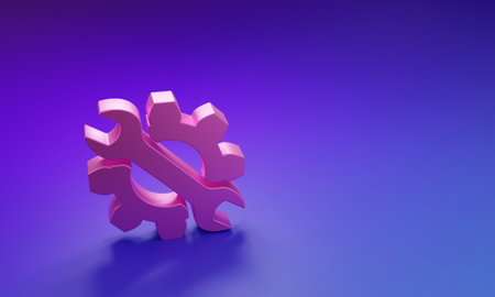 Pink Wrench and gear icon isolated on purple-blue background. Adjusting, service, setting, maintenance, repair, fixing. Minimalism concept. 3D render illustration.の写真素材