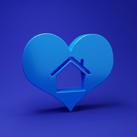 Blue House with heart shape icon isolated on blue background. Love home symbol. Family, real estate and realty. Minimalism concept. 3D render illustration.の写真素材