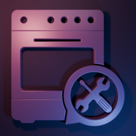 Purple Oven with screwdriver and wrench icon isolated on purple-blue background. Adjusting, service, setting, maintenance, repair, fixing. Minimalism concept. 3D render illustration.の写真素材