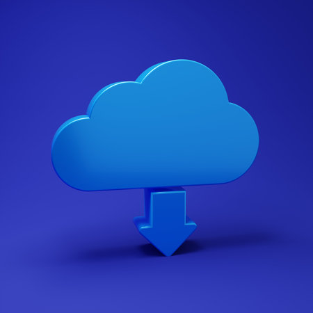 Blue Cloud download icon isolated on blue background. Minimalism concept. 3D render illustration.の写真素材