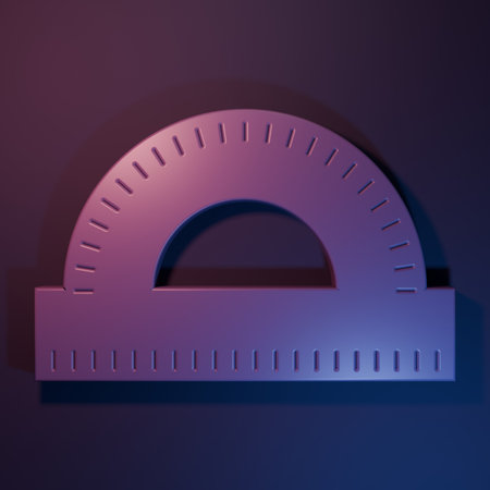 Purple Protractor grid for measuring degrees icon isolated on purple-blue background. Tilt angle meter. Measuring tool. Geometric symbol. Minimalism concept. 3D render illustration.の写真素材