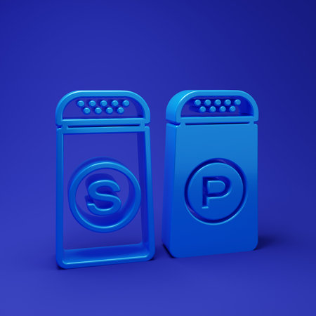 Blue Salt and pepper icon isolated on blue background. Cooking spices. Minimalism concept. 3D render illustration.の写真素材