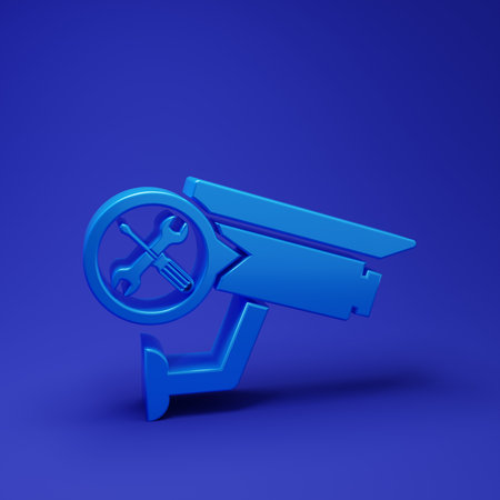 Blue Security camera with screwdriver and wrench icon isolated on blue background. Adjusting, service, setting, maintenance, repair, fixing. Minimalism concept. 3D render illustration.の写真素材