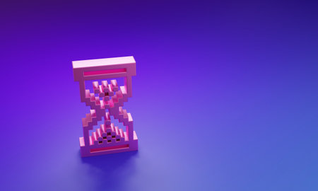 Pink Hourglass pixel with flowing sand icon isolated on purple-blue background. Sand clock sign. Business and time management concept. Minimalism concept. 3D render illustration.の写真素材