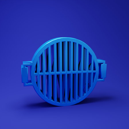 Blue Barbecue grill icon isolated on blue background. Top view of BBQ grill. Steel grid. Minimalism concept. 3D render illustration.の写真素材