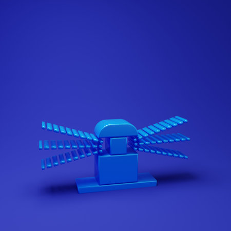 Blue Automatic irrigation sprinklers icon isolated on blue background. Watering equipment. Garden element. Spray gun icon. Minimalism concept. 3D render illustration.の写真素材