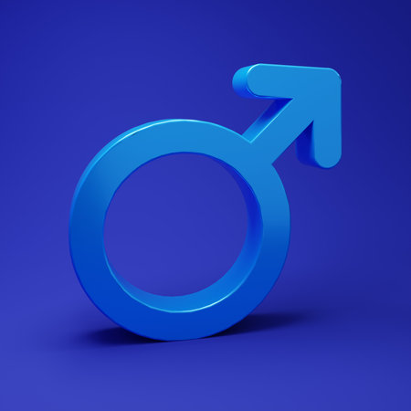 Blue Male gender symbol icon isolated on blue background. Minimalism concept. 3D render illustration.の写真素材