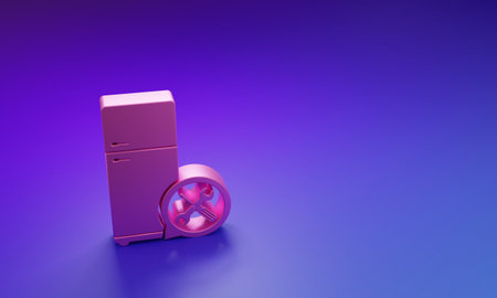 Pink Refrigerator with screwdriver and wrench icon isolated on purple-blue background. Adjusting, service, setting, maintenance, repair, fixing. Minimalism concept. 3D render illustration.の写真素材