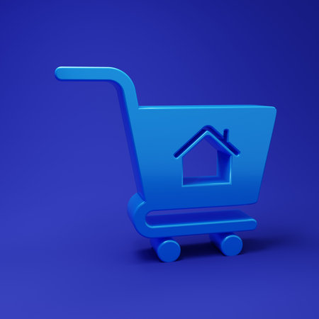 Blue Shopping cart with house icon isolated on blue background. Buy house concept. Home loan concept, rent, buying a property. Minimalism concept. 3D render illustration.の写真素材