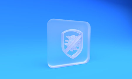 Frosted glass Stop virus, bacteria, germs and microbe icon isolated on blue background. Antibacterial and antiviral defense, infection protection. Square frosted glass button. 3D render illustration.の写真素材