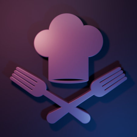 Purple Chef hat and crossed fork icon isolated on purple-blue background. Cooking symbol. Restaurant menu. Cooks hat. Minimalism concept. 3D render illustration.の写真素材