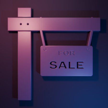 Purple Hanging sign with text For Sale icon isolated on purple-blue background. Signboard with text For Sale. Minimalism concept. 3D render illustration.の写真素材