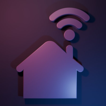 Purple Smart home with wi-fi icon isolated on purple-blue background. Remote control. Minimalism concept. 3D render illustration.の写真素材