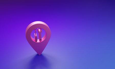 Pink Location with crossed screwdriver and wrench tools icon isolated on purple-blue background. Pointer settings symbol. Minimalism concept. 3D render illustration.の写真素材