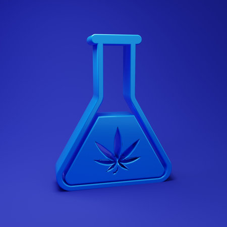 Blue Chemical test tube with marijuana or cannabis leaf icon isolated on blue background. Research concept. Laboratory CBD oil concept. Minimalism concept. 3D render illustration.の写真素材