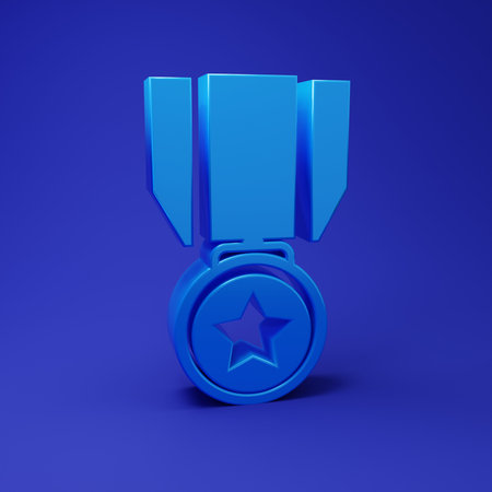 Blue Medal with star icon isolated on blue background. Winner achievement sign. Award medal. Minimalism concept. 3D render illustration.の写真素材