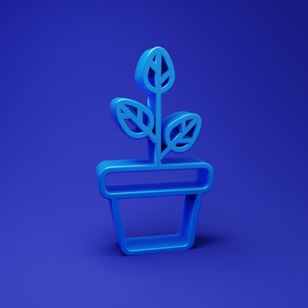 Blue Flowers in pot icon isolated on blue background. Plant growing in a pot. Potted plant sign. Minimalism concept. 3D render illustration.の写真素材
