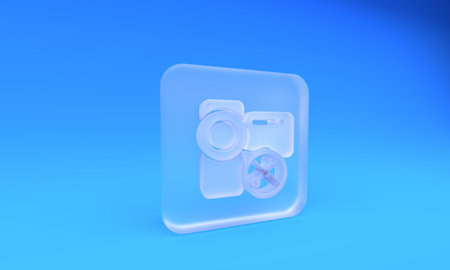 Frosted glass Video camera with screwdriver and wrench icon isolated on blue background. Adjusting, service, setting, maintenance, repair, fixing. Square frosted glass button. 3D render illustration.の写真素材