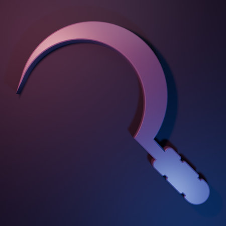 Purple Sickle icon isolated on purple-blue background. Reaping hook sign. Minimalism concept. 3D render illustration.の写真素材