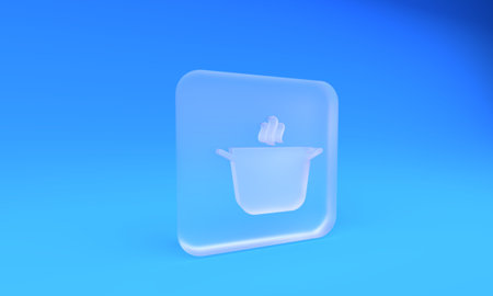 Frosted glass Cooking pot icon isolated on blue background. Boil or stew food symbol. Square frosted...