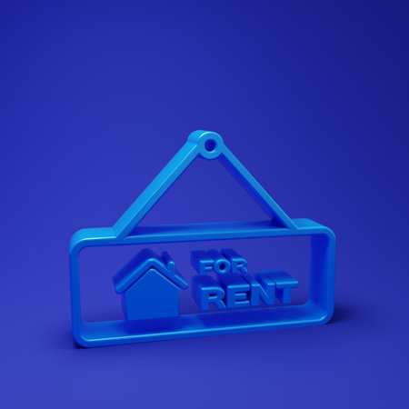 Blue Hanging sign with text For Rent icon isolated on blue background. Signboard with text For Rent. Minimalism concept. 3D render illustration.の写真素材
