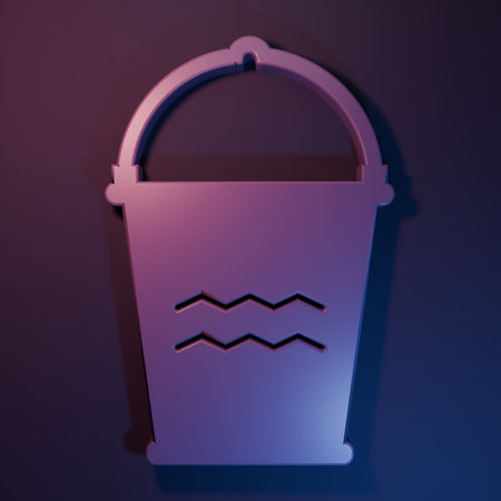 Purple Bucket icon isolated on purple-blue background. Minimalism concept. 3D render illustration.の写真素材