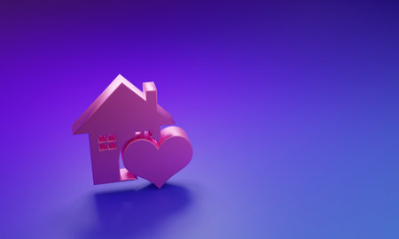 Pink House with heart shape icon isolated on purple-blue background. Love home symbol. Family, real estate and realty. Minimalism concept. 3D render illustration.の写真素材