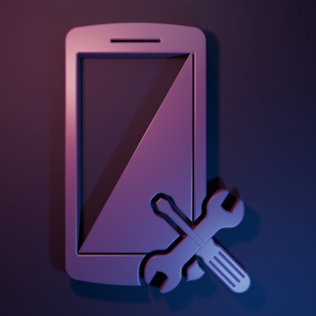 Purple Smartphone with screwdriver and wrench icon isolated on purple-blue background. Adjusting, service, setting, maintenance, repair, fixing. Minimalism concept. 3D render illustration.の写真素材