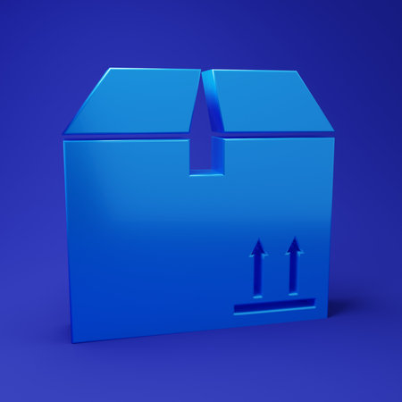 Blue Cardboard box with traffic symbol icon isolated on blue background. Box, package, parcel sign. Delivery, transportation and shipping. Minimalism concept. 3D render illustration.の写真素材