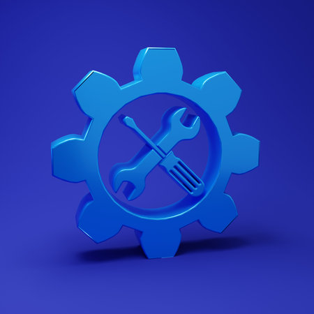 Blue Maintenance symbol - wrench and screwdriver in gear icon isolated on blue background. Service tool symbol. Minimalism concept. 3D render illustration.の写真素材