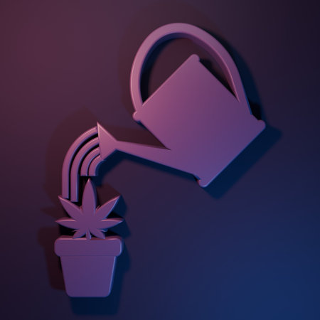 Purple Watering can spray water drops above marijuana or cannabis plant in pot icon isolated on purple-blue background. Marijuana growing concept. Minimalism concept. 3D render illustration.の写真素材