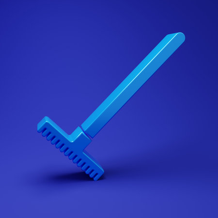 Blue Garden rake icon isolated on blue background. Tool for horticulture, agriculture, farming....