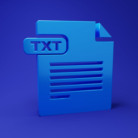 Blue TXT file document. Download txt button icon isolated on blue background. Text file extension symbol. Minimalism concept. 3D render illustration.の写真素材