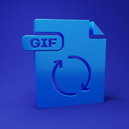 Blue GIF file document. Download gif button icon isolated on blue background. GIF file symbol. Minimalism concept. 3D render illustration.の写真素材
