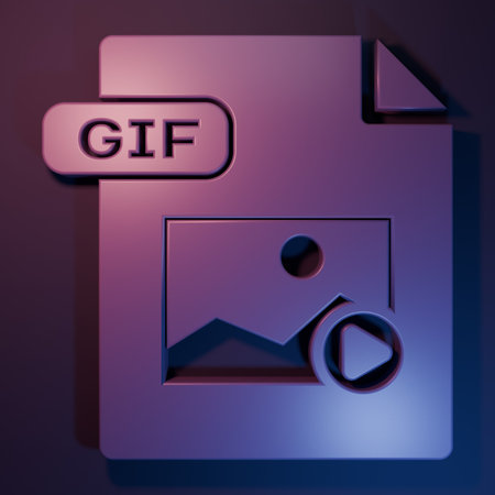 Purple GIF file document. Download gif button icon isolated on purple-blue background. GIF file symbol. Minimalism concept. 3D render illustration.の写真素材