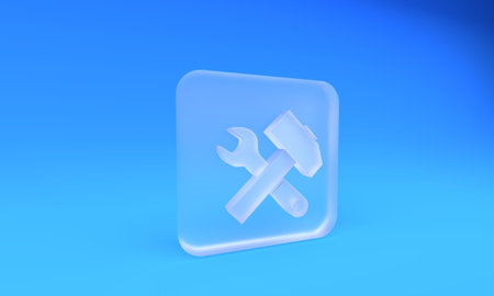 Frosted glass Crossed hammer and wrench icon isolated on blue background. Hardware tools. Square frosted glass button. 3D render illustration.の写真素材