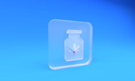 Frosted glass Medical bottle with marijuana or cannabis leaf icon isolated on blue background. Mock up of cannabis oil extracts in jars. Square frosted glass button. 3D render illustration.の写真素材