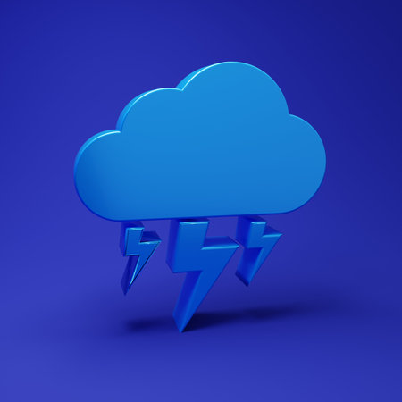 Blue Storm icon isolated on blue background. Cloud and lightning sign. Weather icon of storm. Minimalism concept. 3D render illustration.の写真素材