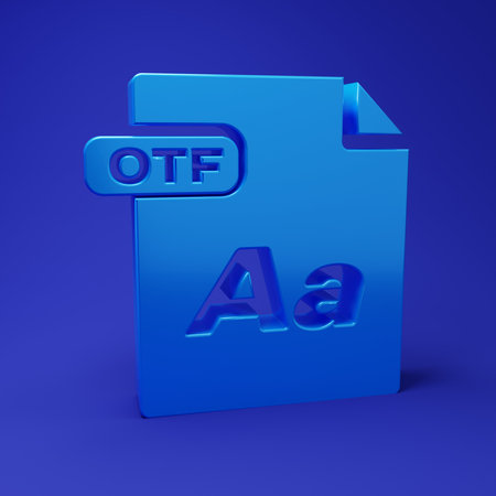 Blue OTF file document. Download otf button icon isolated on blue background. OTF file symbol. Minimalism concept. 3D render illustration.の写真素材