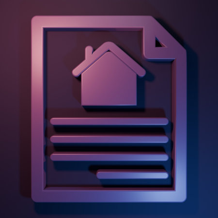 Purple House contract icon isolated on purple-blue background. Contract creation service, document formation, application form composition. Minimalism concept. 3D render illustration.の写真素材