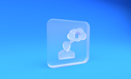 Frosted glass Man dreaming about buying a new house icon isolated on blue background. Square frosted glass button. 3D render illustration.の写真素材