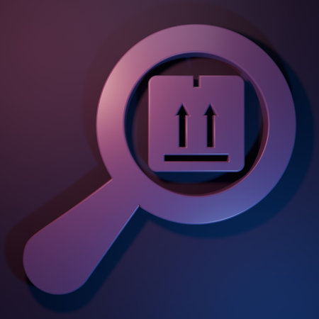 Purple Search package icon isolated on purple-blue background. Parcel tracking symbol. Magnifying glass and cardboard box. Logistics and delivery. Minimalism concept. 3D render illustration.の写真素材