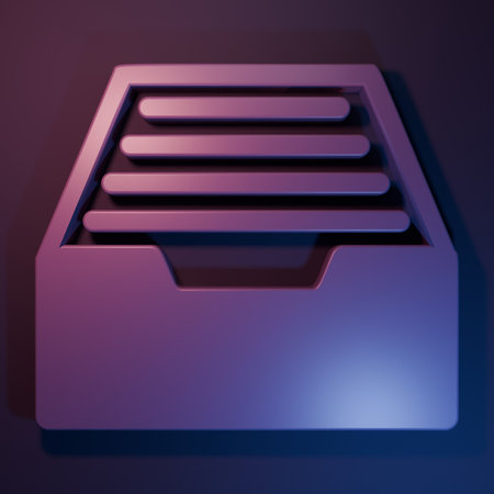 Purple Drawer with documents icon isolated on purple-blue background. Archive papers drawer. File Cabinet Drawer. Office furniture. Minimalism concept. 3D render illustration.の写真素材