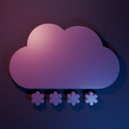 Purple Cloud with snow icon isolated on purple-blue background. Cloud with snowflakes. Single weather icon. Snowing sign. Minimalism concept. 3D render illustration.の写真素材