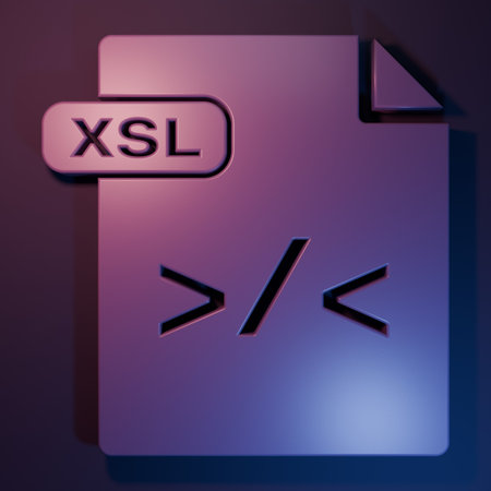 Purple XSL file document. Download xsl button icon isolated on purple-blue background. Excel file symbol. Minimalism concept. 3D render illustration.の写真素材
