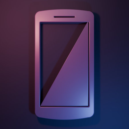 Purple Smartphone, mobile phone icon isolated on purple-blue background. Minimalism concept. 3D render illustration.の写真素材