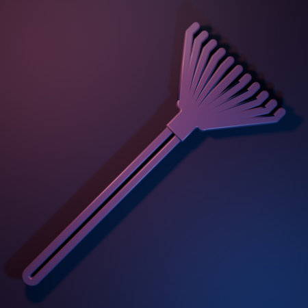 Purple Garden rake for leaves icon isolated on purple-blue background. Tool for horticulture, agriculture, farming. Ground cultivator. Minimalism concept. 3D render illustration.の写真素材