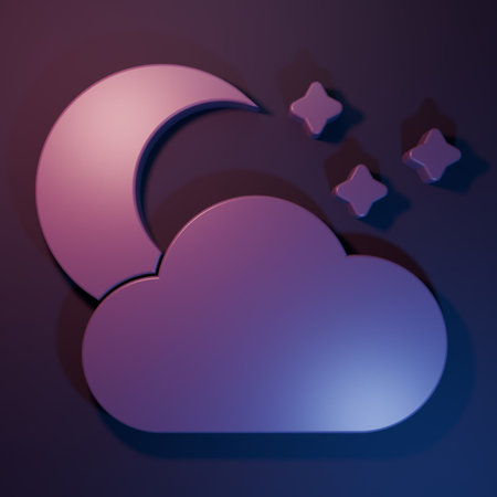 Purple Cloud with moon and stars icon isolated on purple-blue background. Cloudy night sign. Sleep dreams symbol. Night or bed time sign. Minimalism concept. 3D render illustration.の写真素材