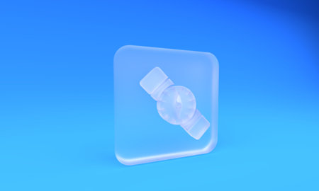 Frosted glass Compass icon isolated on blue background. Windrose navigation symbol. Wind rose sign. Square frosted glass button. 3D render illustration.の写真素材