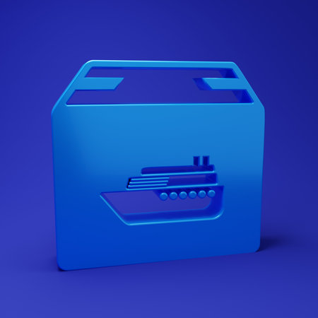 Blue Cargo ship with boxes delivery service icon isolated on blue background. Delivery, transportation. Freighter with parcels, boxes, goods. Minimalism concept. 3D render illustration.の写真素材